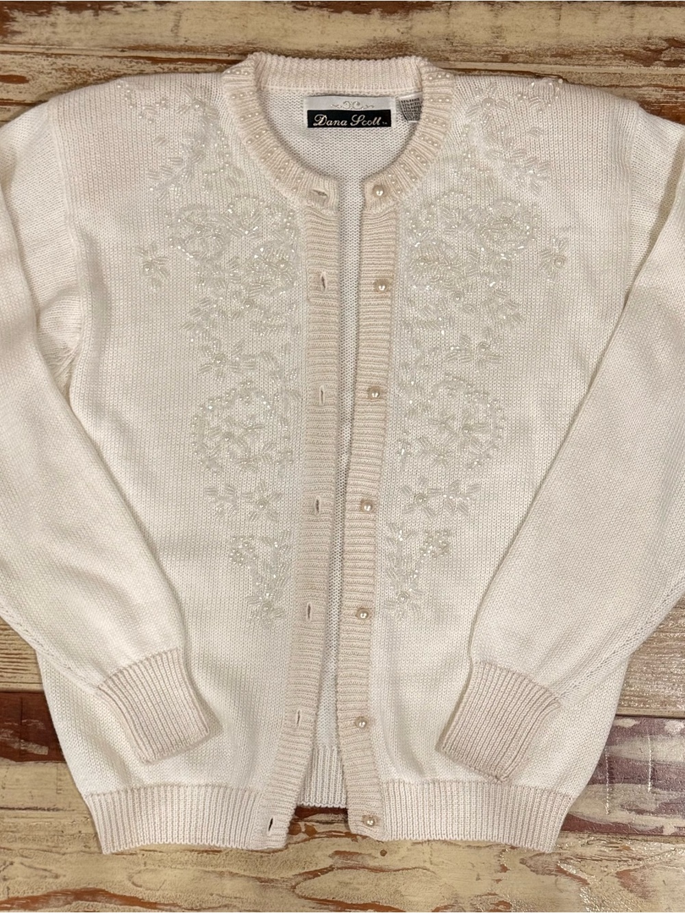 Vintage Dana Scott Cream Beaded Cardigan Sweater Size Small - Picture 1 of 11